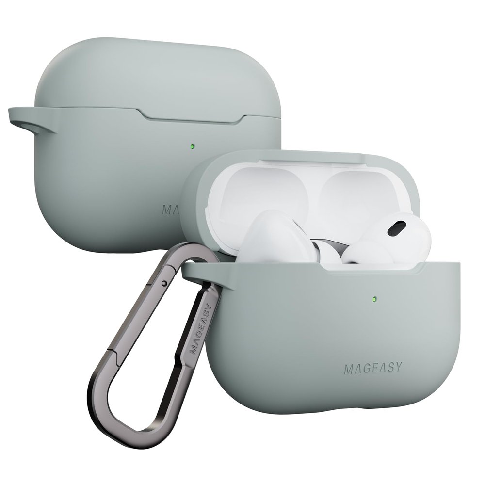MAGEASY Skin AirPods Pro 2 & Pro 1 Case with Carabiner Clip, TPU Shockproof Protective Cover for 1st & 2nd Generation, Secure Lid Stain-Resistant, Wireless Charging Compatible (Mirage Grey)