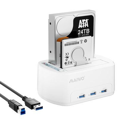 MAIWO Dual Bay Hard Drive Docking Station with Offline Clone for 2.5 3.5 Inch SATA HDD SSD, 3X USB 3.0 Hub Extension, 48TB Capacity, External Hard Drive Duplicator Cloner, White