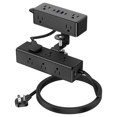 Dual Layer Desk Clamp Power Strip, Desktop Edge Mount Surge Protector with 15 AC Outlets & 4 USB Ports(2 USB-C), Ultra Thin Flat Plug & 5FT Power Cord for Office Home(ETL Listed)