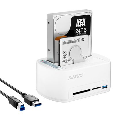 MAIWO SATA to USB 3.0 Dual-Bay Hard Drive Docking Station with Offline Clone for 2.5 & 3.5-inch HDD/SSD, Hard Drive Dock with CF/SD Card Reader, Support 2 * 24TB, White