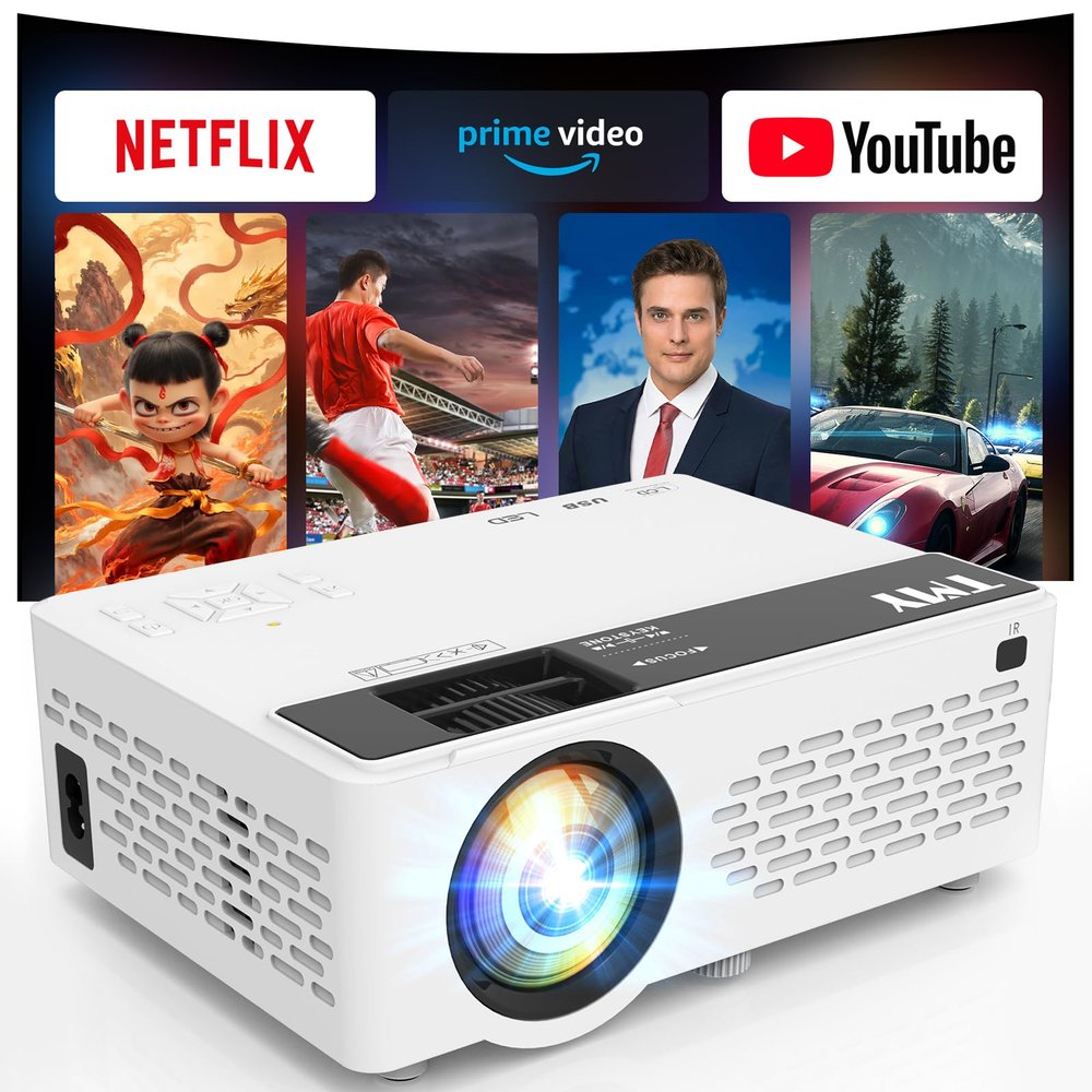 TMY 1080P Full HD Portable Mini Projector, Bluetooth Movie Projector, Compatible with TV Stick/Smartphone/PC/Game Console/HDMI/USB, Indoor & Outdoor Use, Built in Netflix app