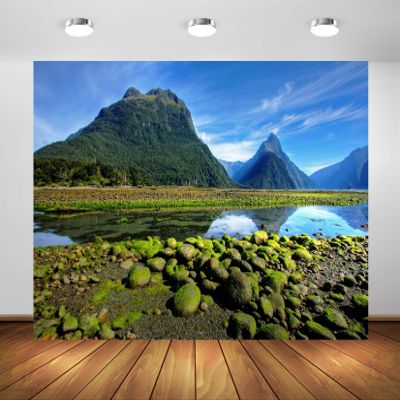 BELECO 20x10ft Fabric Mountain Lake Backdrop Green Mountain Forest Mitre Peak Rock Stones River Natural Landscape Background Outdoor Hiking Camping Party Decorations Banner Photoshoot Studio Props