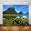 BELECO 20x10ft Fabric Mountain Lake Backdrop Green Mountain Forest Mitre Peak Rock Stones River Natural Landscape Background Outdoor Hiking Camping Party Decorations Banner Photoshoot Studio Props view 1