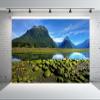 BELECO 20x10ft Fabric Mountain Lake Backdrop Green Mountain Forest Mitre Peak Rock Stones River Natural Landscape Background Outdoor Hiking Camping Party Decorations Banner Photoshoot Studio Props view 3