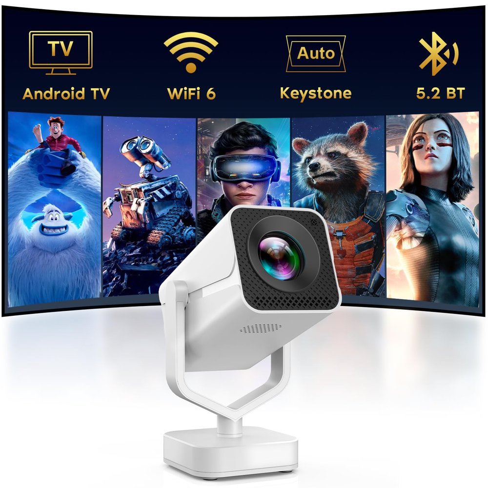 Mini Portable Projector with WiFi 6 and Bluetooth 5.2 Android, 1080P 4K Support with Apps Built in, 200 ANSI Lumens, Auto Keystone, 270 Rotatable Outdoor Wireless Projector Compatible with HDMI/Phone