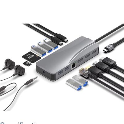 14-in-1 USB-C Docking Station, Universal USB 3.0 Hub with HDMI, Ethernet, Multiple USB Ports, Compatible with Laptop and MacBook, Silver