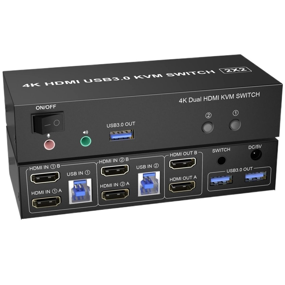 YI53ZX0 USB 3.0 Dual Monitor KVM Switch HDMI 2 Port, 4K@60Hz 2 Monitors 2 Computers with Audio Microphone Output and 3 USB 3.0 Ports(US Plug Adapter)