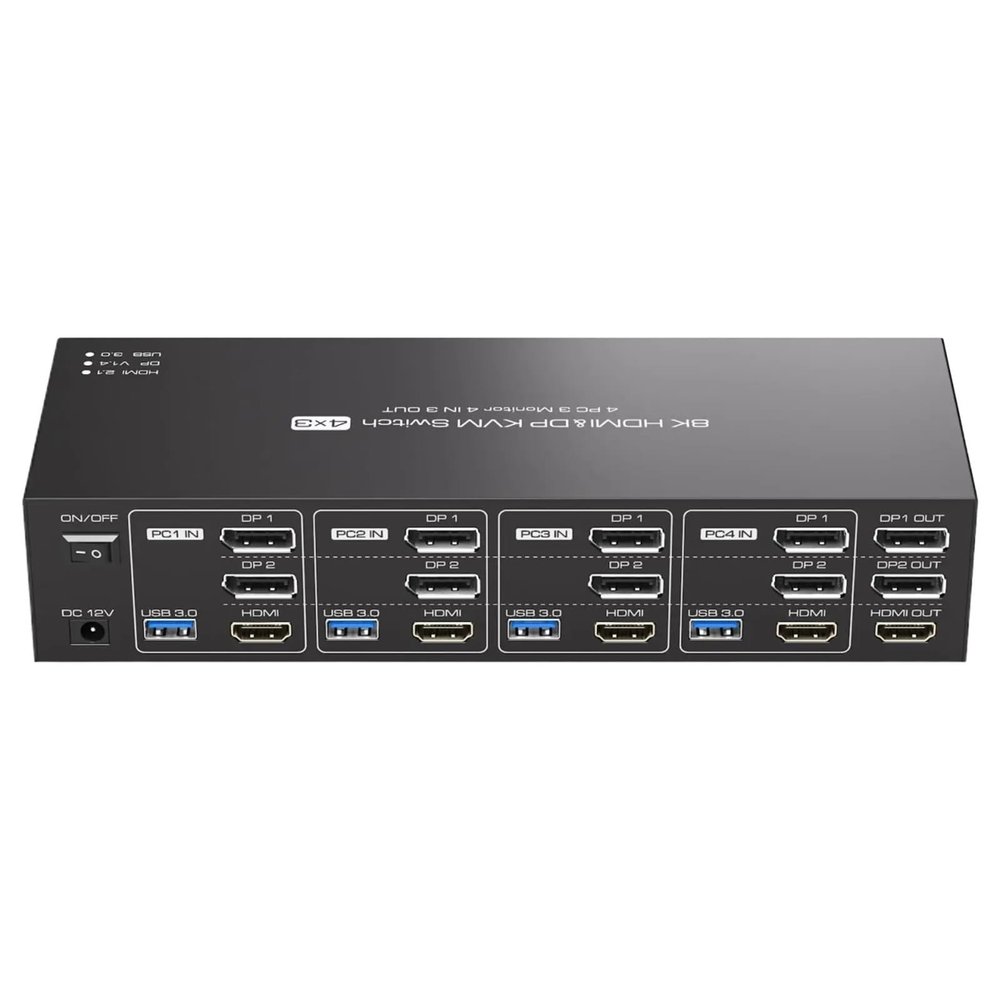 8K HDMI + 2 Displayport KVM Switch 3 Monitors 4 Computers USB 3.0 KVM Switches for 4 PC Share Triple Monitor and 4 USB 3.0 Ports(EU Power Plug)