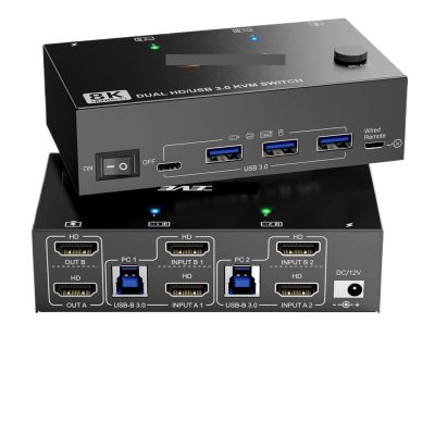 YI53ZX0 Dual Monitor KVM Switch 8K@60Hz 4K@120Hz, HDMI 2.1 KVM Switch for 2 Computer Share 2 Monitors and 3 USB3.0 + 1 USB C Devices(US Power Plug)