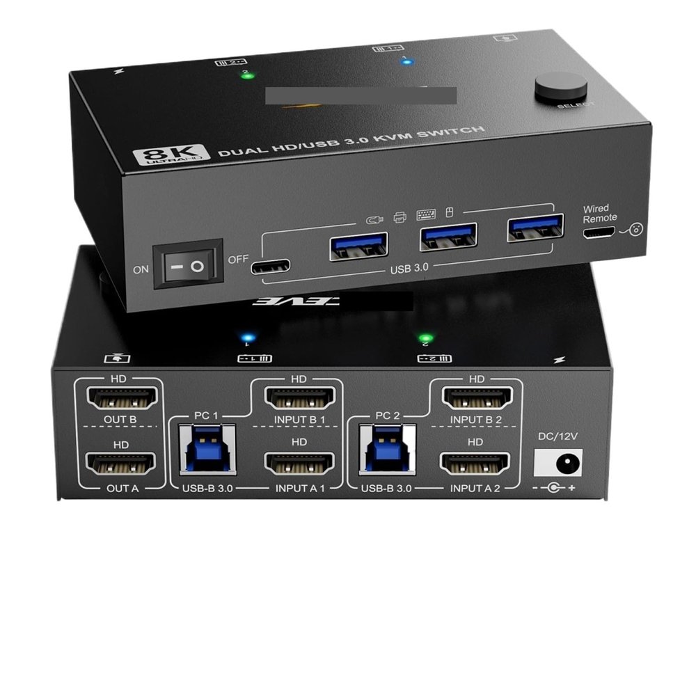 YI53ZX0 Dual Monitor KVM Switch 8K@60Hz 4K@120Hz, HDMI 2.1 KVM Switch for 2 Computer Share 2 Monitors and 3 USB3.0 + 1 USB C Devices(US Power Plug)