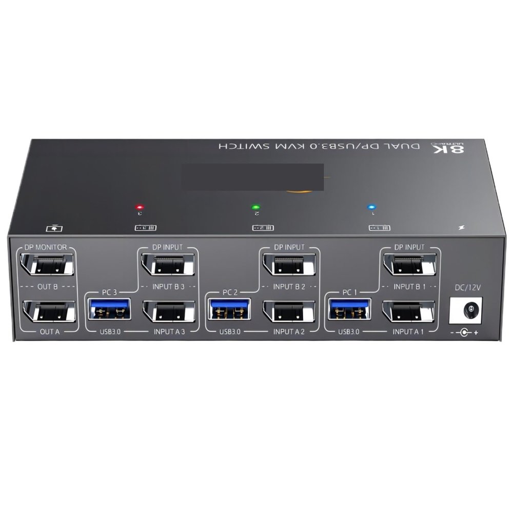 YI53ZX0 Displayport KVM Switch 2 Monitors 3 Computers 8K@60Hz 4K@144Hz,USB3.0 Dual Monitor KVM Switches DP 1.4 with 4 USB Device(with US Plug)