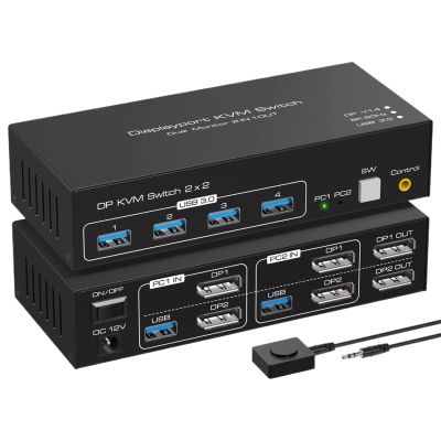 YI53ZX0 KVM Switch 2 Monitors 2 Computers 8K@60Hz 4K@120Hz Dual Monitor 2 in 2 Out USB 3.0 KVM Switches Share 4 USB Devices(with EU Plug)