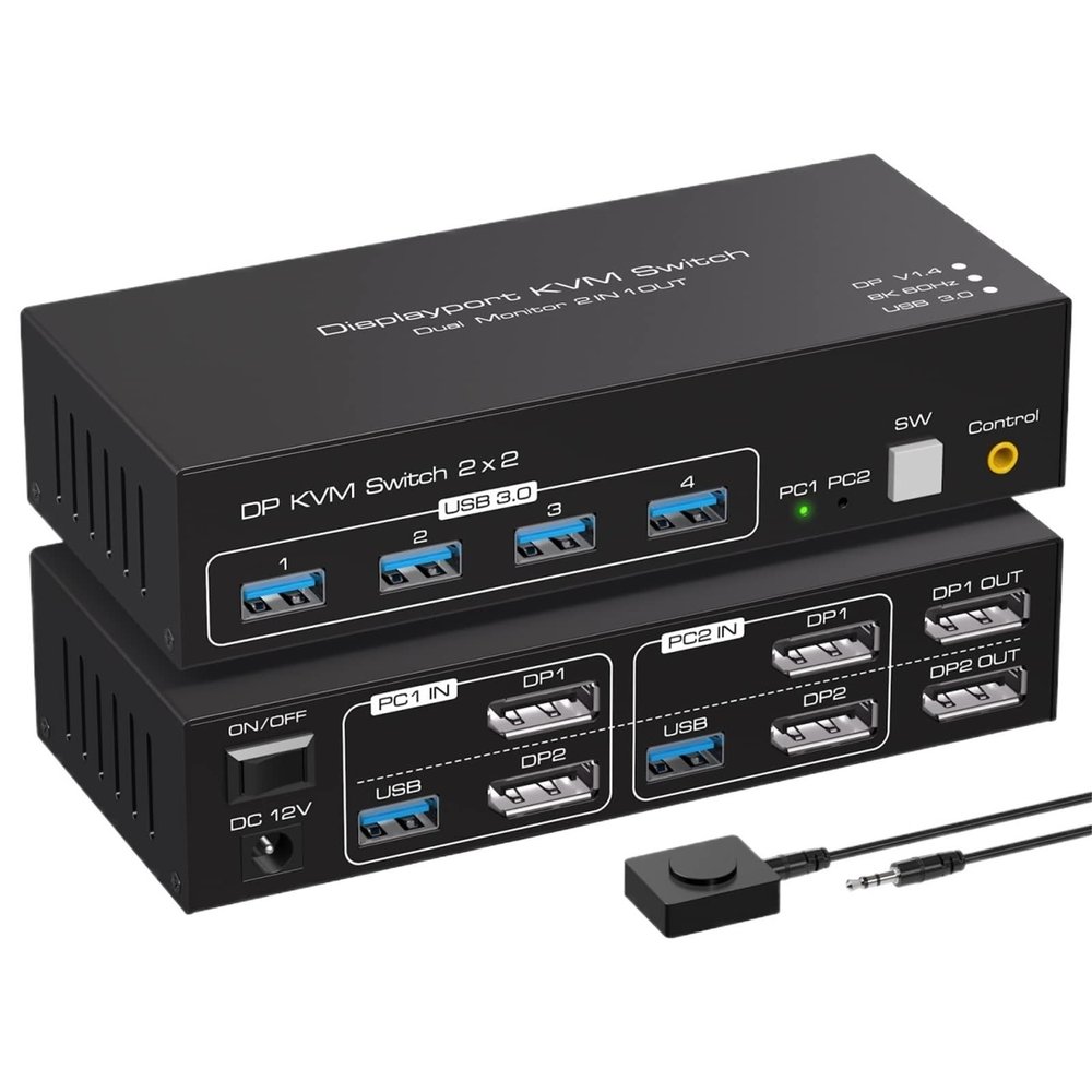 YI53ZX0 KVM Switch 2 Monitors 2 Computers 8K@60Hz 4K@120Hz Dual Monitor 2 in 2 Out USB 3.0 KVM Switches Share 4 USB Devices(with EU Plug)