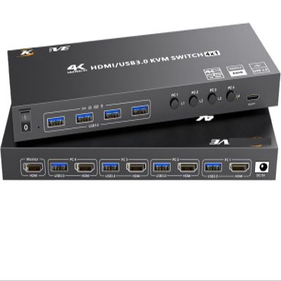 YI53ZX0 HDMI KVM Switch 4 Computers 4K@60Hz Simulation,4 Port USB3.0 KVM Switches for 4 PC Share 1 Monitor Keyboard Mouse Printer(with US Plug)