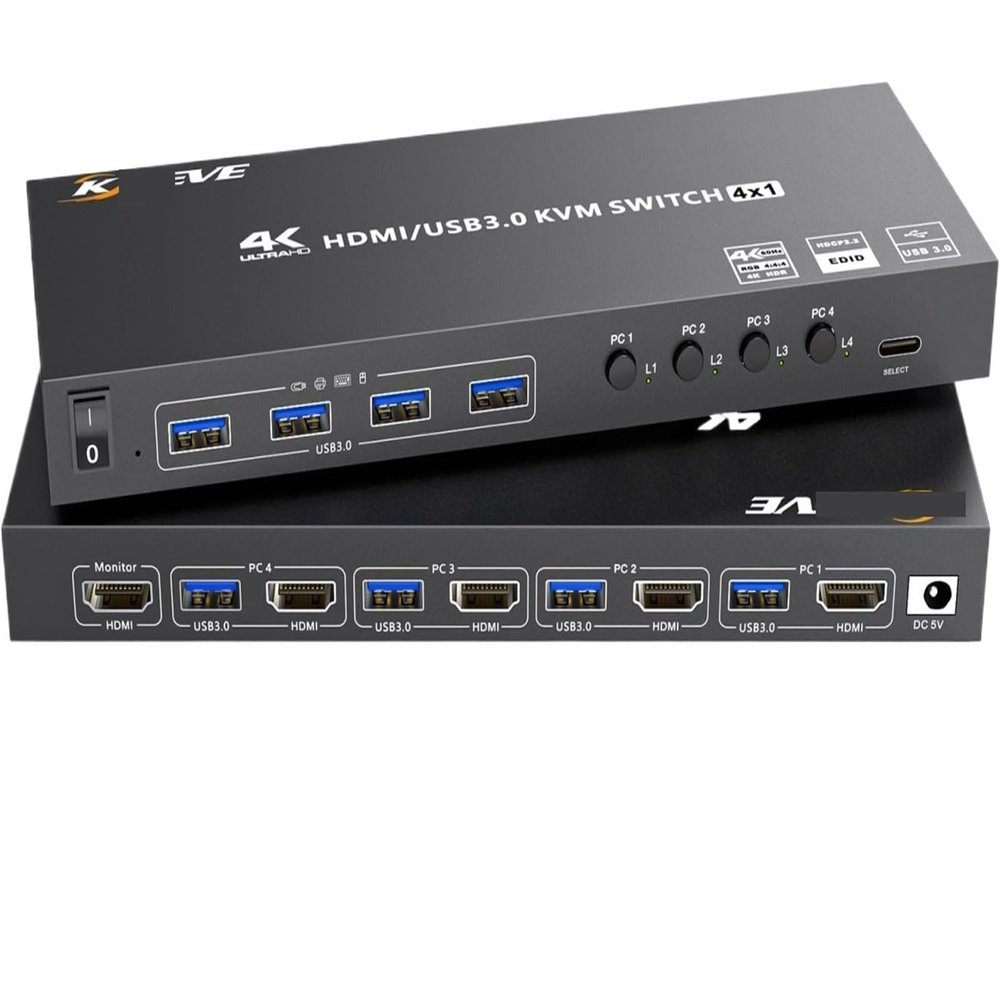 YI53ZX0 HDMI KVM Switch 4 Computers 4K@60Hz Simulation,4 Port USB3.0 KVM Switches for 4 PC Share 1 Monitor Keyboard Mouse Printer(with US Plug)