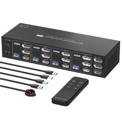 YI53ZX0 2Displayport+HDMI KVM Switch 4 Computers 3 Monitors 8K@60Hz 4K@60Hz Displayport KVM Switch 4 Computers Support IR Remote Switch(with EU Plug)