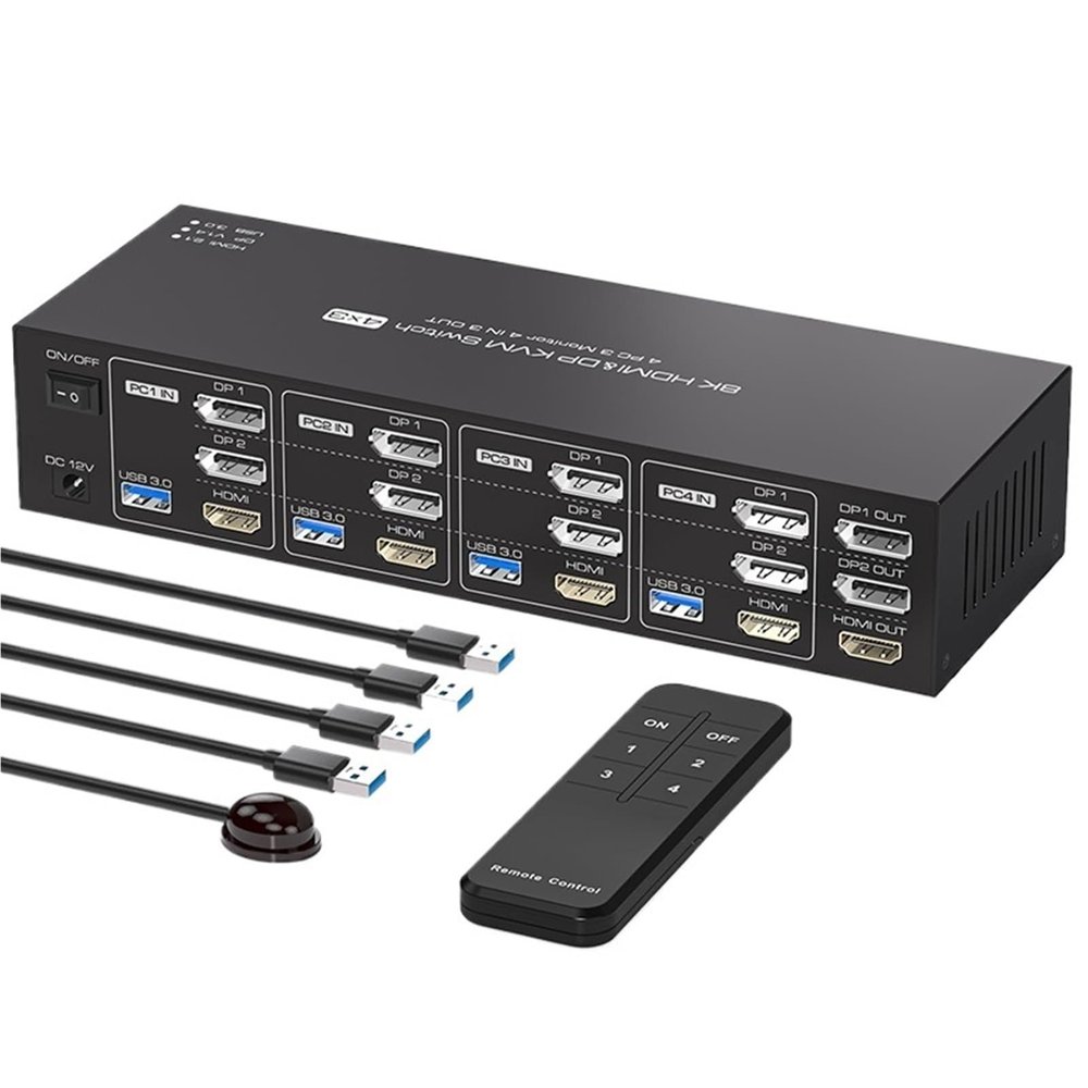 YI53ZX0 2Displayport+HDMI KVM Switch 4 Computers 3 Monitors 8K@60Hz 4K@60Hz Displayport KVM Switch 4 Computers Support IR Remote Switch(with EU Plug)