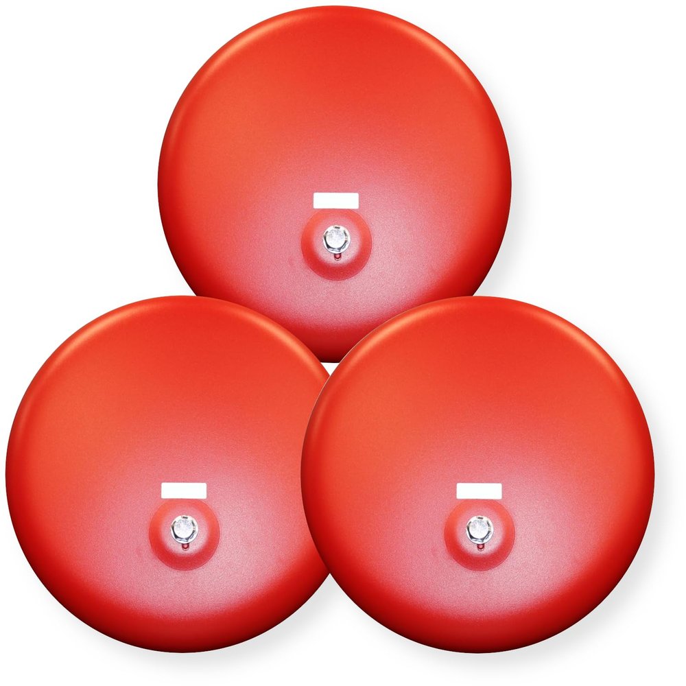 43T-G10-24-R Pack of 3 Single Tone Vibrating Emergency Bells, 24V AC, 10" Diameter, Tamper-Resistant Design, Aluminum with Textured Enamel Red Finish, Alarm Notification Appliance