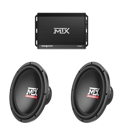MTX Terminator 500-Watt RMS 2 Mono Block Class D Amplifier and Two MTX Audio TN12-04 Terminator 12" 200W RMS 4-Ohm Subwoofer