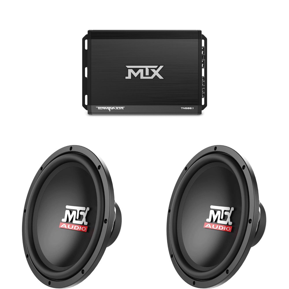 MTX Terminator 500-Watt RMS 2 Mono Block Class D Amplifier and Two MTX Audio TN12-04 Terminator 12" 200W RMS 4-Ohm Subwoofer