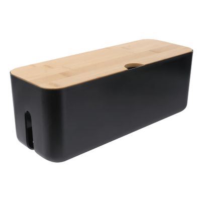 DirectNine Basics Black Cable Management Box Wooden Cover Plastic Cord Organizer for Power Strips Adapters and Cables Storage for Home Office and Study Use