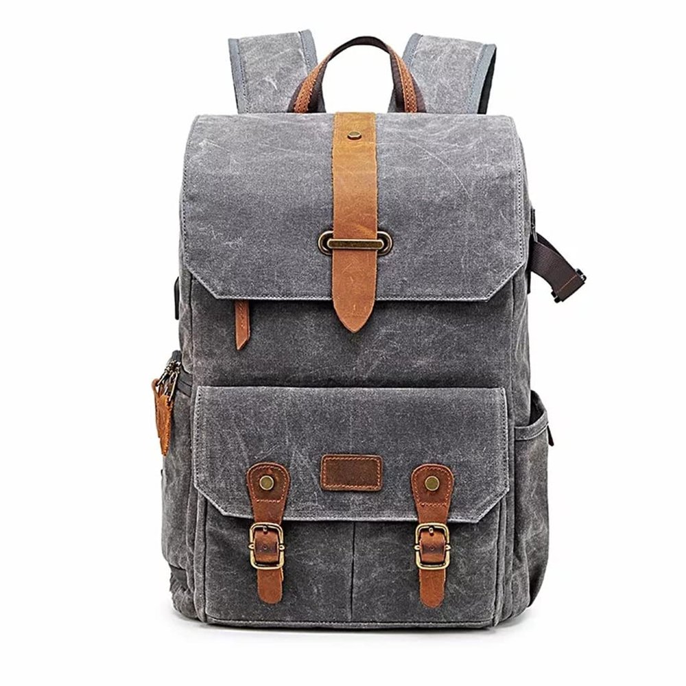 UOHLCX Photography Retro Waterproof Batik Canvas Backpack W Port Fit 15.6inch Laptop Men Camera Bag Carry Case(Gray)