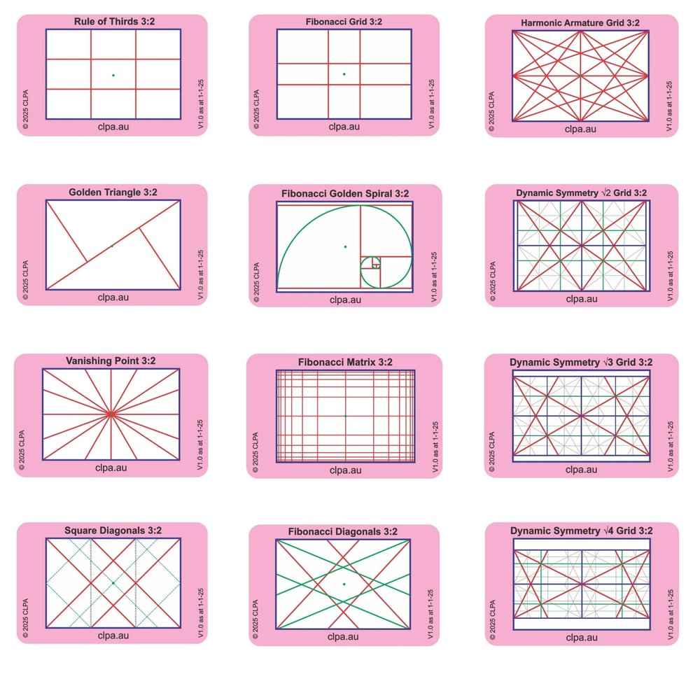 3:2 Viewfinder Set All 12 Layouts, 12 Cards Artist Viewfinder for DSLR and Mirrorless Complete Composition Grid Set Made in Australia