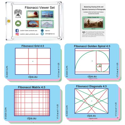 CLPA Fibonacci Viewfinder Set 4 Layouts, 12 Cards | Artist Viewfinder for Drawing and Photography | Fibonacci Spiral, Grid, Matrix and Diagonals | Made in Australia