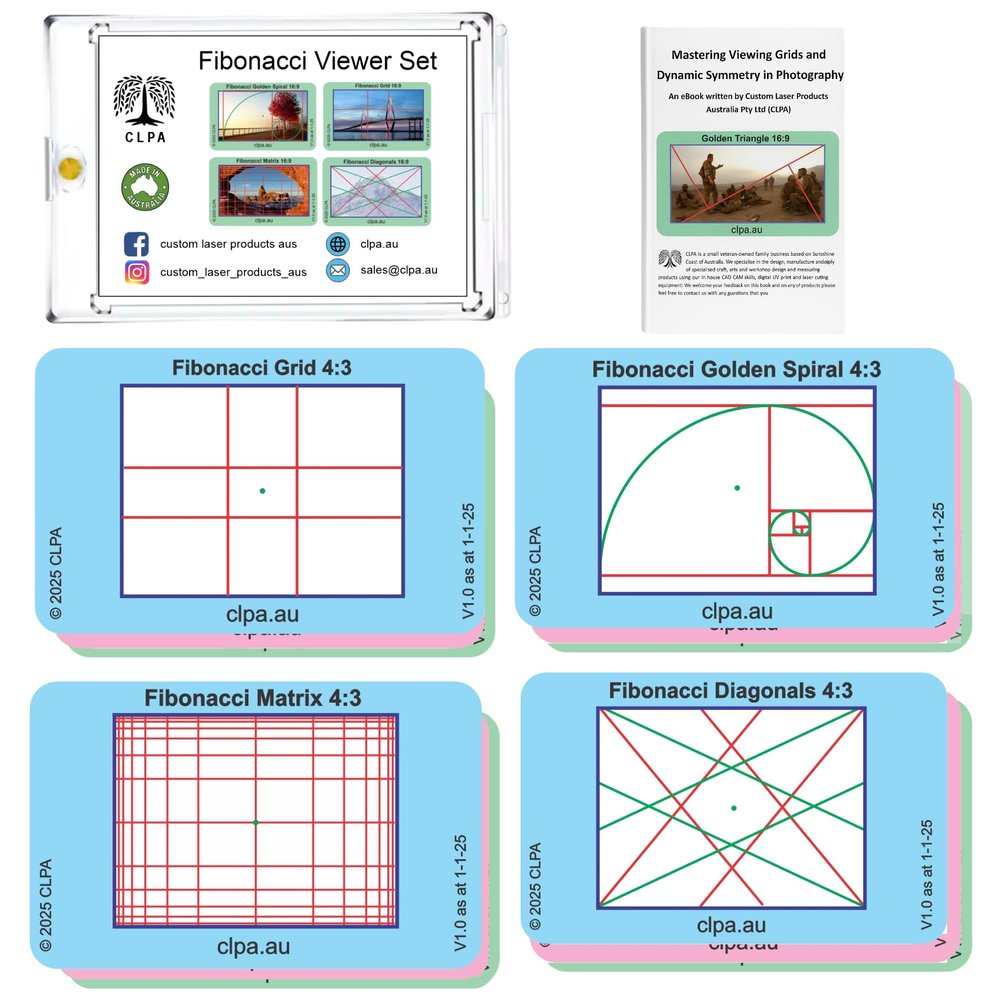 CLPA Fibonacci Viewfinder Set  4 Layouts, 12 Cards | Artist Viewfinder for Drawing and Photography | Fibonacci Spiral, Grid, Matrix and Diagonals | Made in Australia