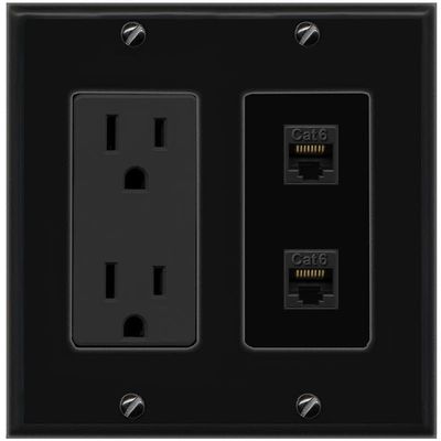 RiteAV 15A Power Outlet 2 Port CAT6 Jack Decorative Wall Plate [Black]