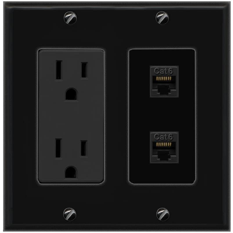 RiteAV 15A Power Outlet 2 Port CAT6 Jack Decorative Wall Plate [Black]