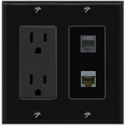 RiteAV 15A Power Outlet 1 Port CAT6-SHIELDED 1 Phone Jack Decorative Wall Plate [Black]