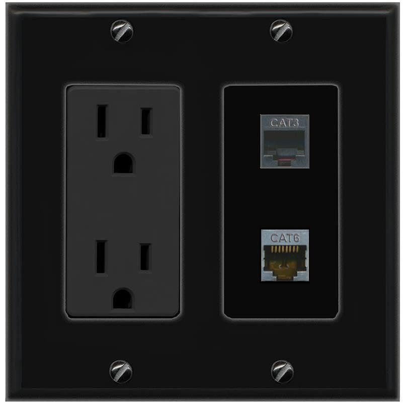 RiteAV 15A Power Outlet 1 Port CAT6-SHIELDED 1 Phone Jack Decorative Wall Plate [Black]