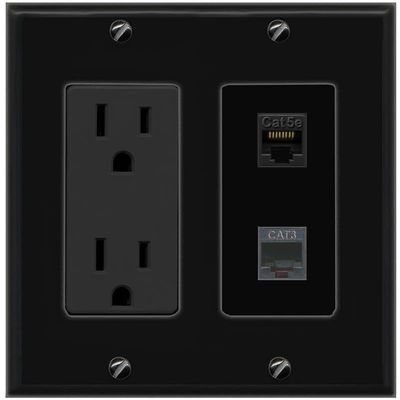 RiteAV 15A Power Outlet 1 Port CAT5E 1 Phone Jack Decorative Wall Plate [Black]