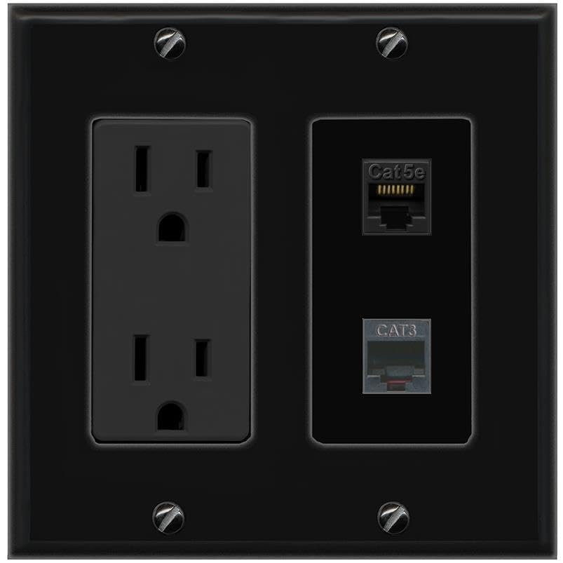 RiteAV 15A Power Outlet 1 Port CAT5E 1 Phone Jack Decorative Wall Plate [Black]