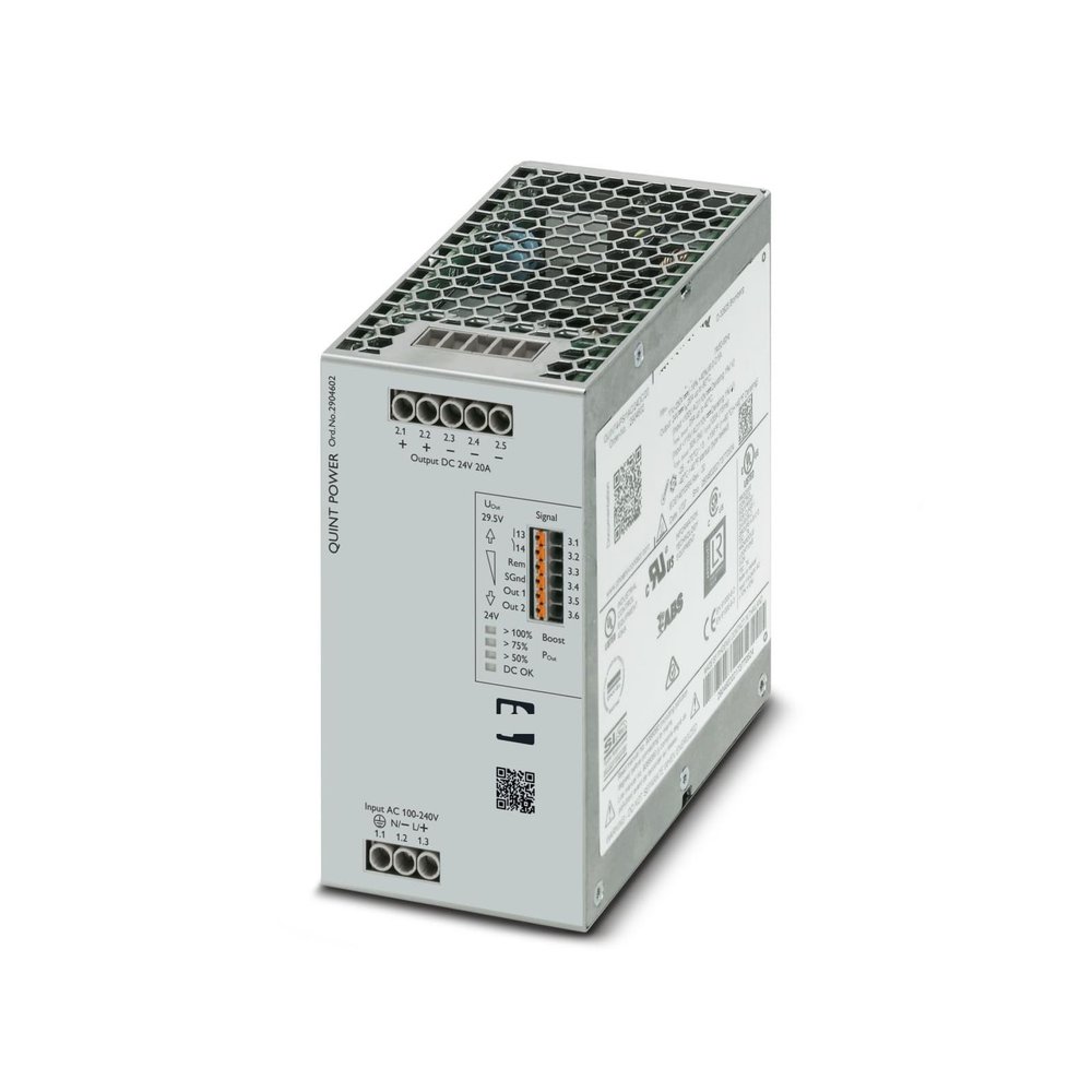 CHBMSS Power Supply Unit, QUINT4-PS/1AC/24DC/20-2904602, Input: 1-Phase, Output: 24 V DC/20 A