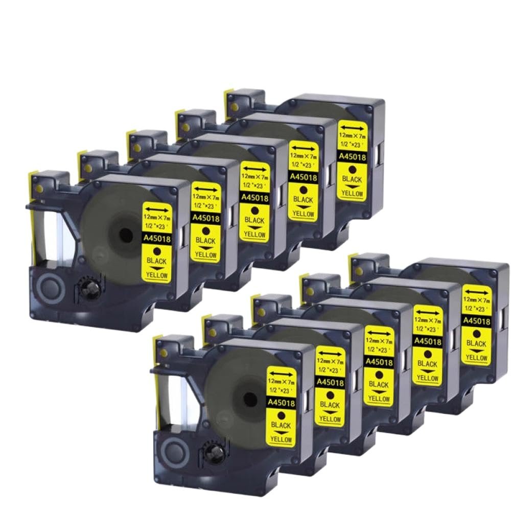 12mm Label Tape Compatible with LabelManager 160 and 280 Printers D1 Series Includes 5PK and 10PK Rolls(10PK-Black-on-Yellow)