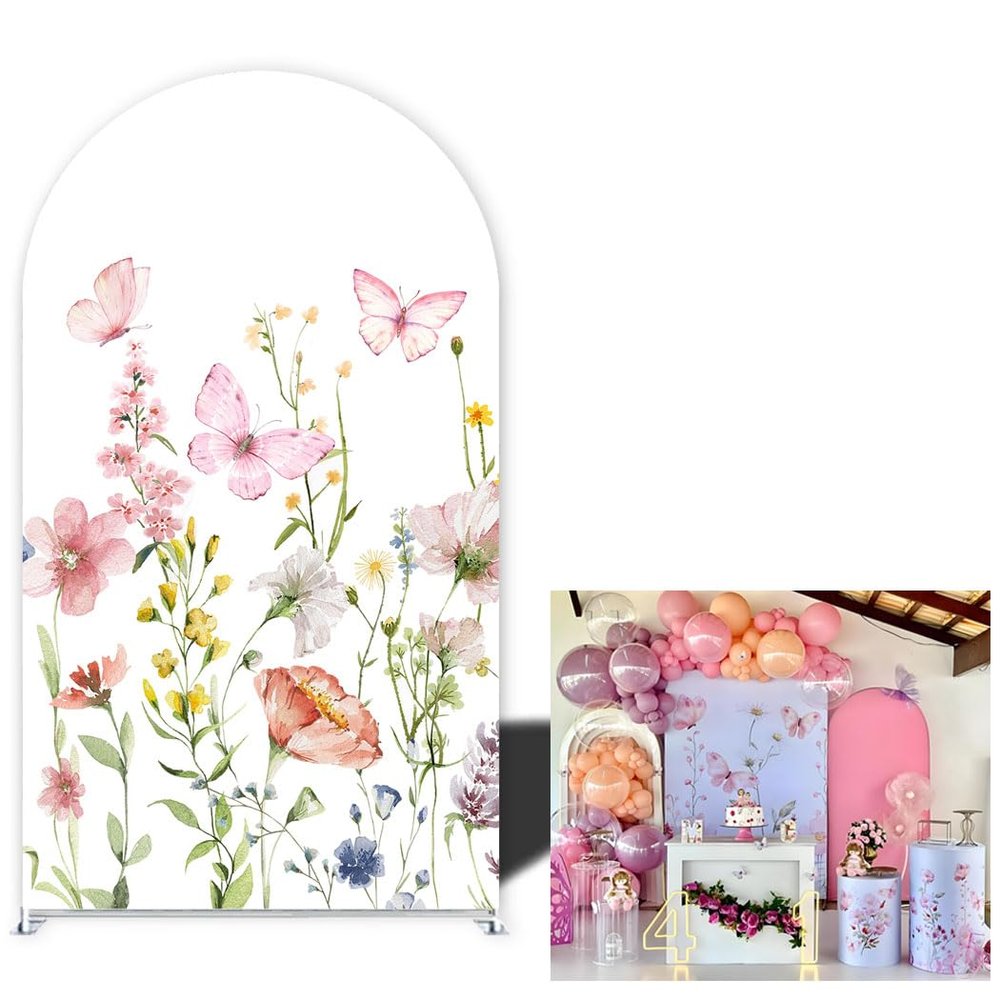 Wedding Bridal Shower Butterfly Flower Chiara Arched Stand Cover Baby Shower Baptismx Birthday Party Background Elastic Fabric(Stand is not Included) (G-4113,78x180cm(2.6x6ft))