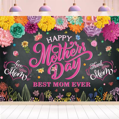 Happy Mother's Day Backdrop for Photography 10x8FT Colorful Flowers Paper Best Mom Ever Banner Background Mother Day Party Decorations Supplies Photo Props