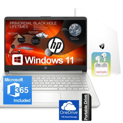 HP 14 inch Laptop with Microsoft 365 & Wireless Earbuds  Ultralight & Compact  Intel 4-Core Processor  8GB RAM  128GB External & 64GB Onboard & 1TB Cloud Storage  HD Display  Windows 11  White