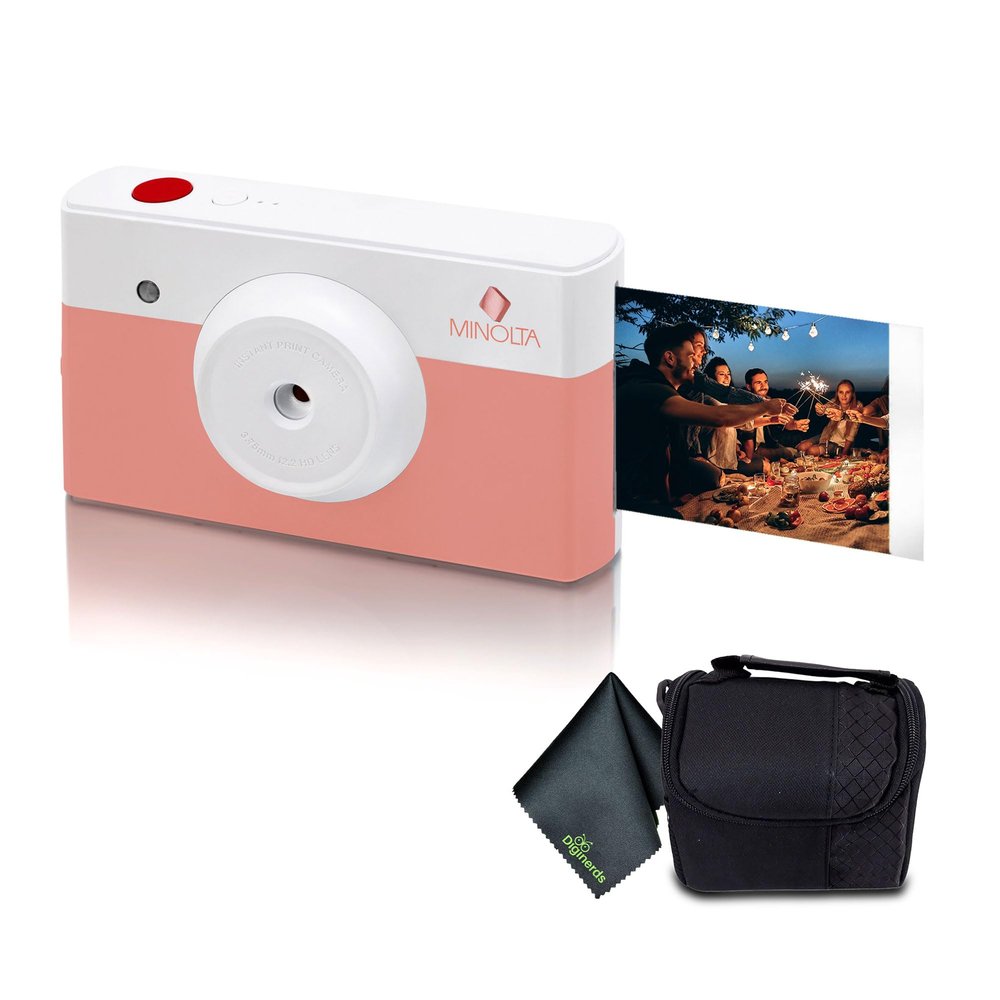 Minolta MNCP10-CH Instapix 2 in 1 Instant Print Digital Camera & Bluetooth Printer (Coral Pink) + Camera Bag + Diginerds Microfiber Cleaning Cloth