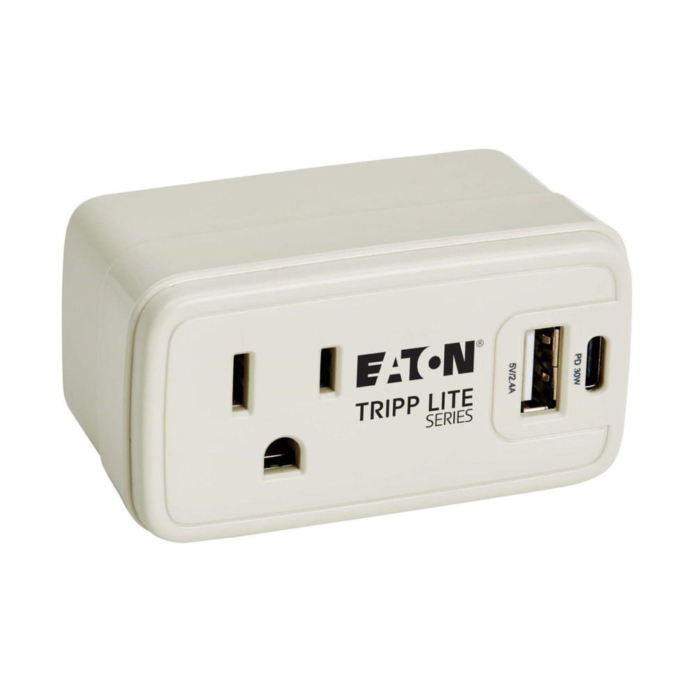 Eaton Tripp Lite SK10C32 Wall Outlet Extender & USB Charger, 1-Outlet Travel Power Strip Outlet Splitter, 1 USB & 1 USB-C Charging Ports, Gray, Lifetime Manufacturer's Warranty