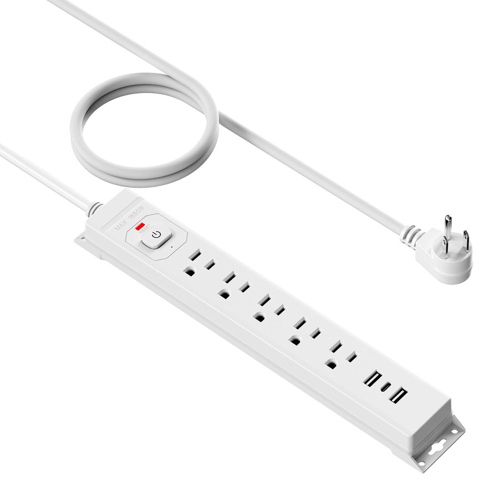 15 Ft Power Strip Surge Protector with USB Ports, Flat Plug Extension Cord, 5 AC Outlets and 3 USB Charging Ports, Wall Mountable for Home, Office, Dorm
