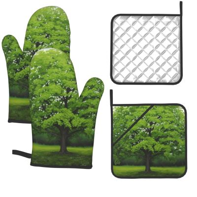 Green Tree Oven Mitts and Pot Holders 4-Piece Set, Extended Kitchen Gloves and Pan Racks, Heat Resistant Oven Gloves Hot Pads Non-Slip Cooking Gloves Potholders Gifts for Women