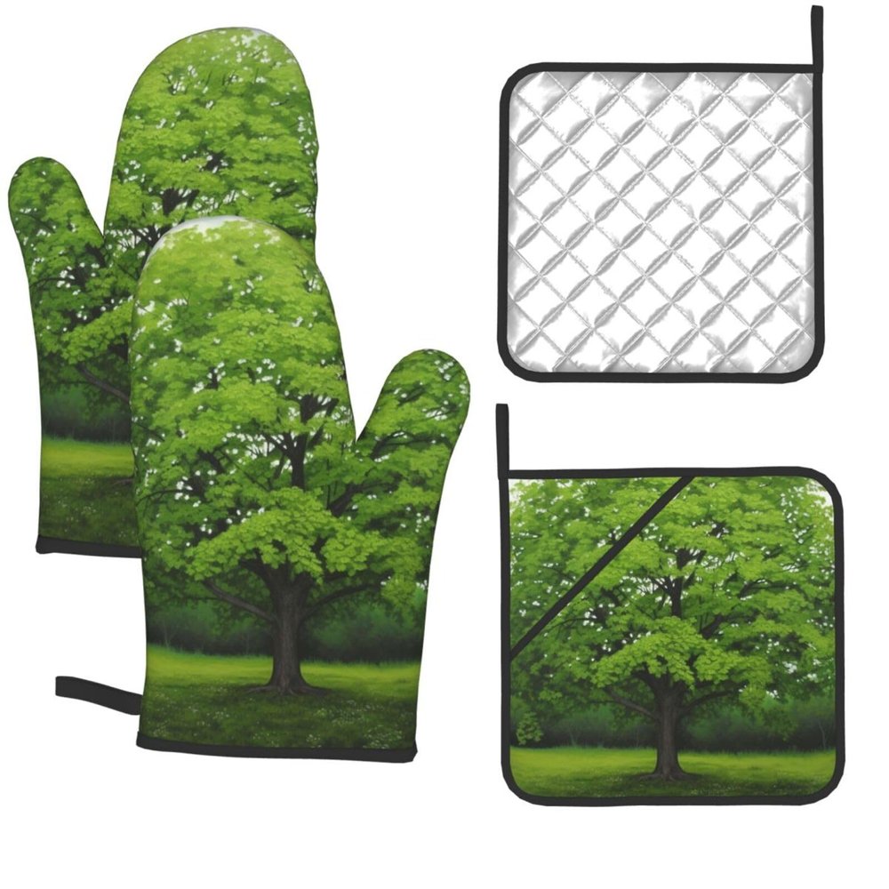 Green Tree Oven Mitts and Pot Holders 4-Piece Set, Extended Kitchen Gloves and Pan Racks, Heat Resistant Oven Gloves Hot Pads Non-Slip Cooking Gloves Potholders Gifts for Women