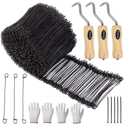 Breezliy 1000Pcs Double Loop Rebar Wire Bar Ties, 6.1" Double Loop, 16 Gauge, Black Steel, 10 Plastic Cable Ties, 3 Wire Tie Twisters, 2 Gloves