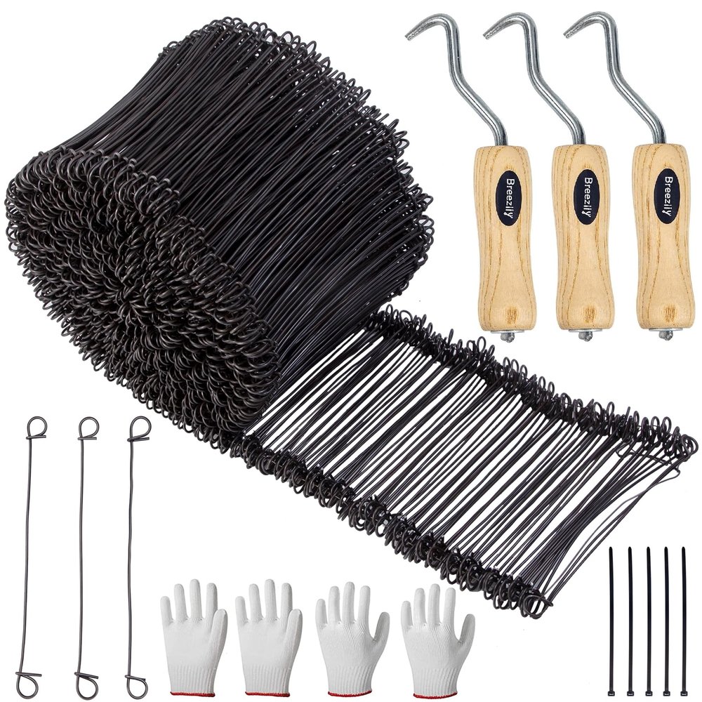 Breezliy 1000Pcs Double Loop Rebar Wire Bar Ties, 6.1" Double Loop, 16 Gauge, Black Steel, 10 Plastic Cable Ties, 3 Wire Tie Twisters, 2 Gloves