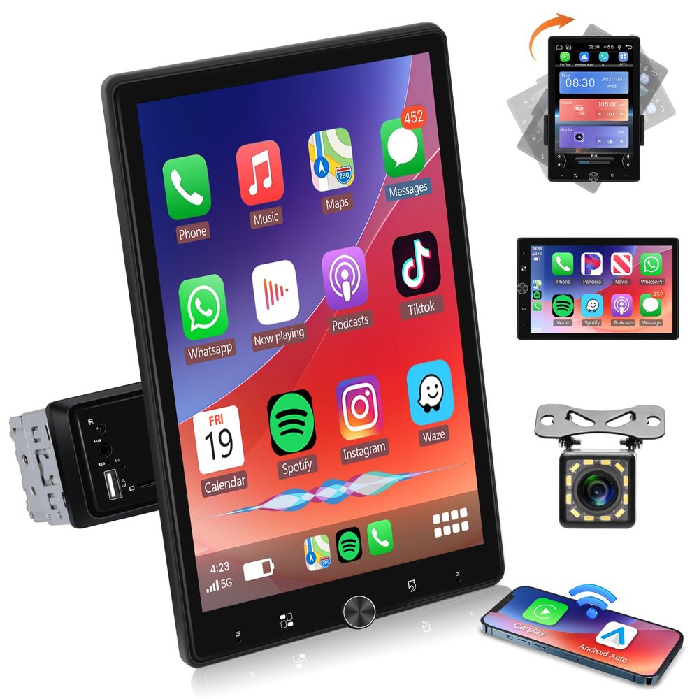 10.4" Single Din Touchscreen Car Stereo with Wireless Carplay& Android Auto, Adjustable Car Radio with Bluetooth, Mirror Link, FM Radio, Subwoofer, SWC, Backup Camera