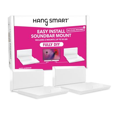 HangSmart TV Soundbar Mount NO Stud Easy Install, DIY Universal Sound Bar Wall Mount Bracket, Holds up to 50LBS, Multi-Purpose fits Most Soundbars, Include Hardware (White, 2)
