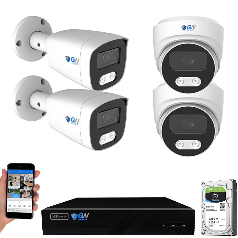 GW Security 8 Channel 12MP NVR 4K Security Camera System with (2) Bullet and (2) Dome 8MP PoE Color Night Vision Outdoor/Indoor Microphone Cameras, Smart AI Human/Vehicle Detection